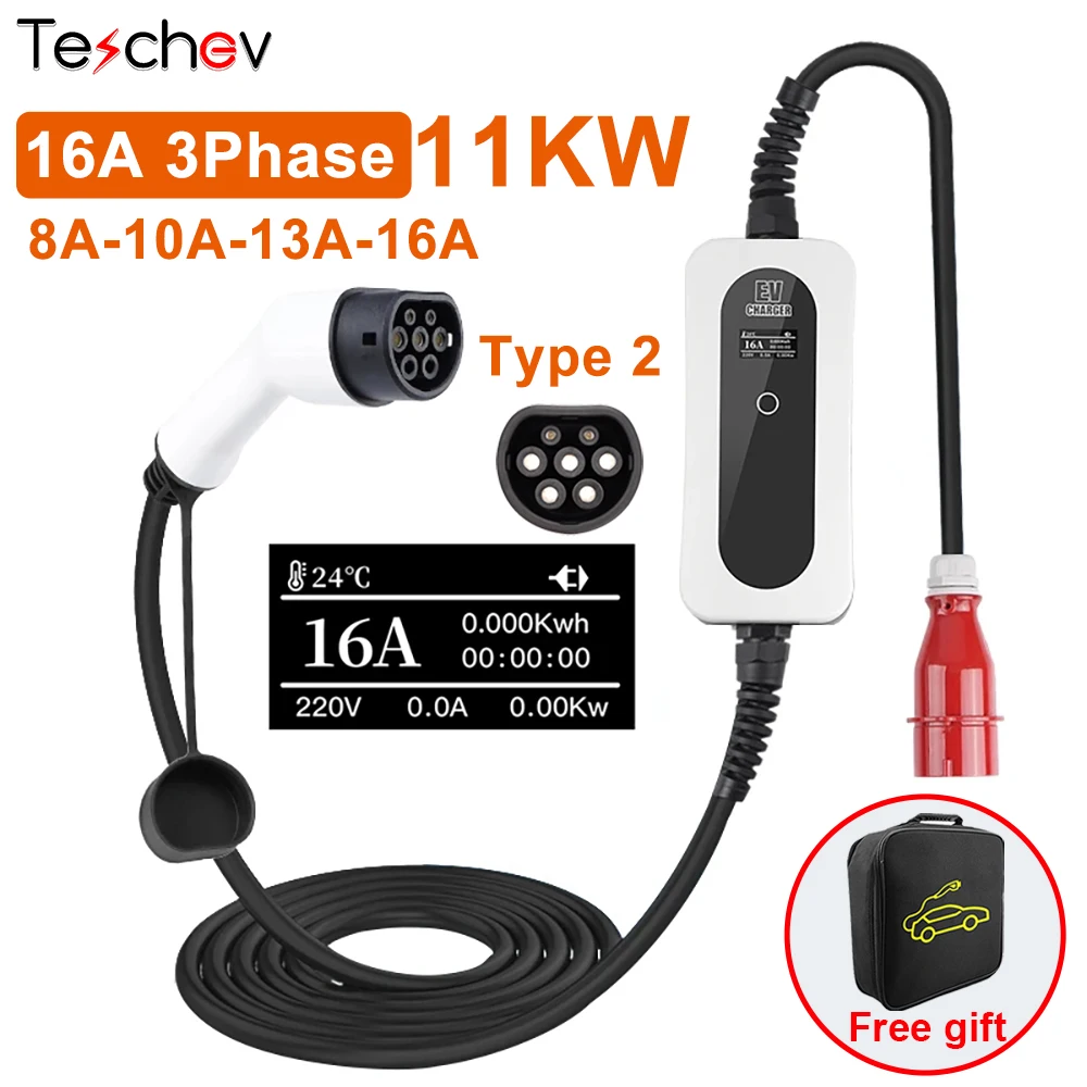 

Teschev 16A 11KW 240V 3Phase 5Pins Portable EV Charger Adjustable Current Controller Wallbox Type 2 IEC62196-2 Electric Car IP65