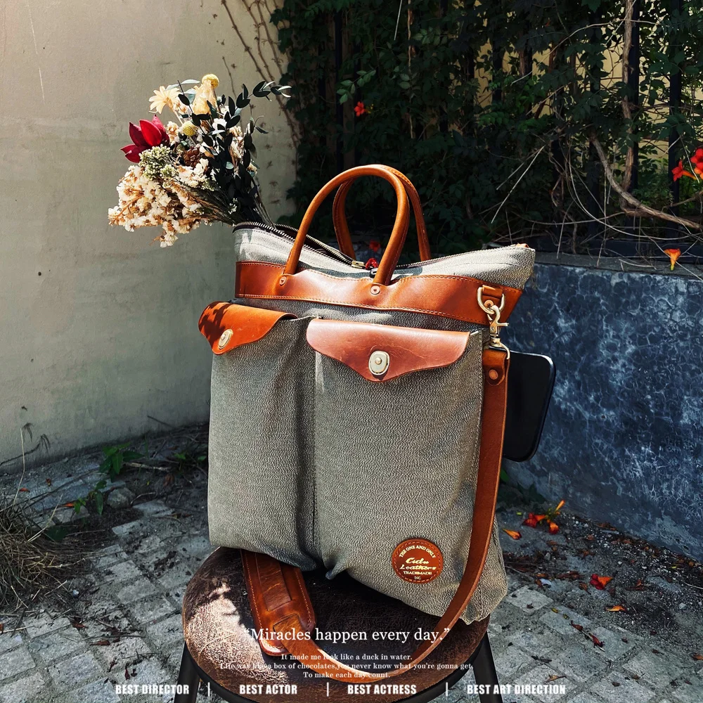 

CDF-50 Size 42*40*7cm Cidu Super Quality Genuine Cowhide & Canvas Backpack Stylish Horween Cow Leather Casual US Mail Smart Bag