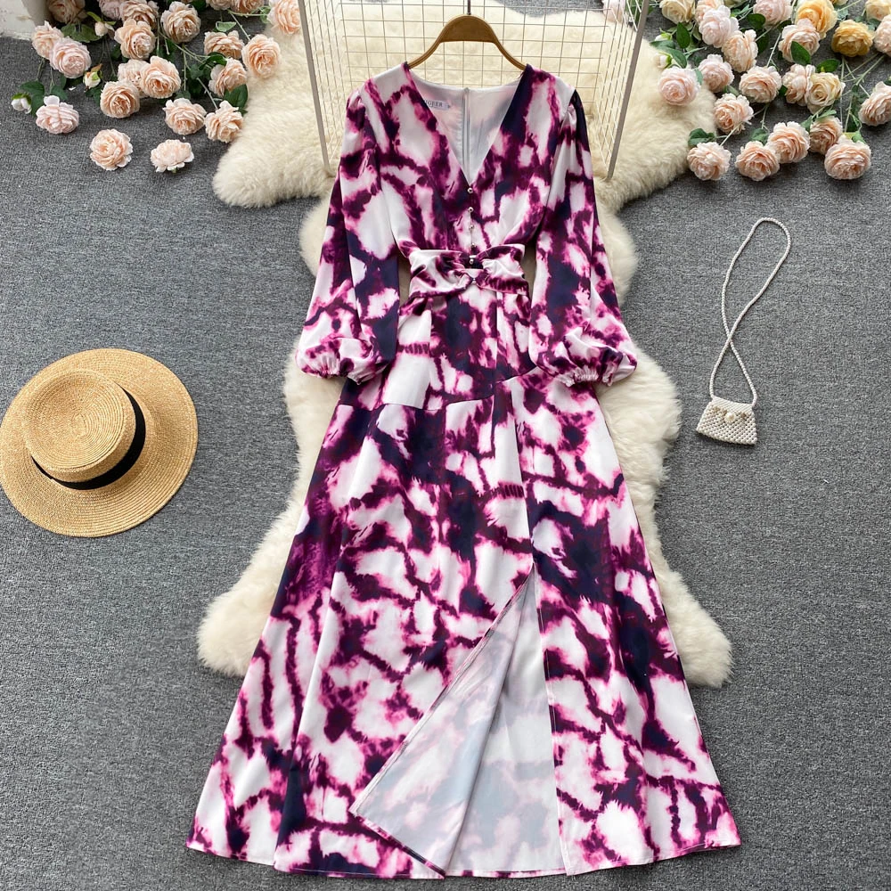 

VANOVICH European and American Style Temperament Fashion Dress Vintage Printing Lantern-sleeved V-neck Waist Slit Long Dress