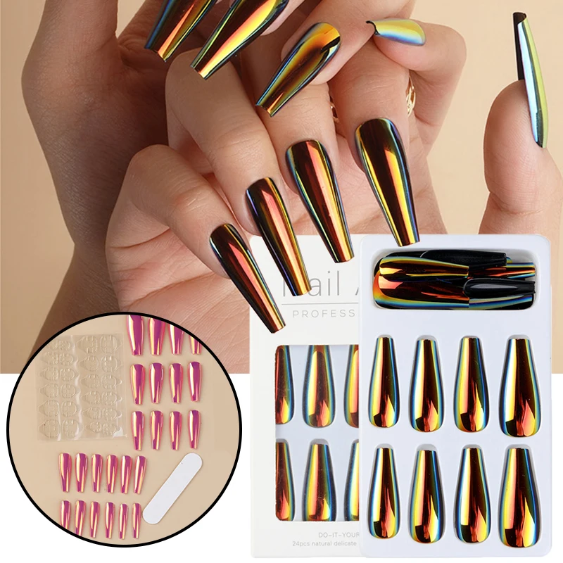 

French Laser Fake Nails Gorgeous Mirror False Nails Sexy Metallic Nail Extension Coffin Manicure Detachable Press On Nails New