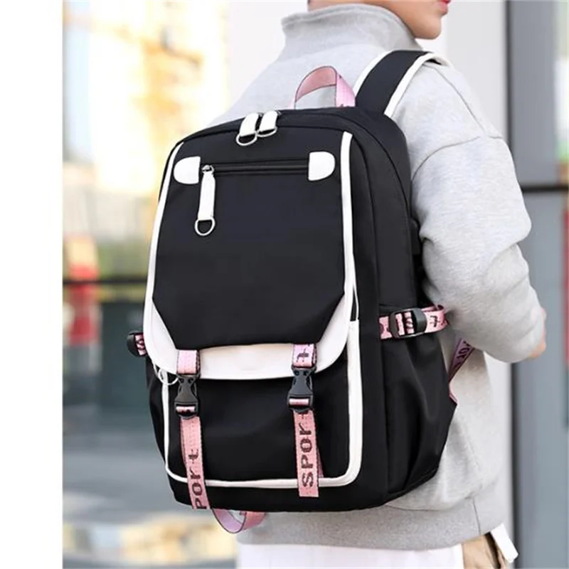 

Женский школьный ранец с USB-портом Fengdong, черный или розовый большой школьный ранец для девочек-подростков с USB-портом, осень