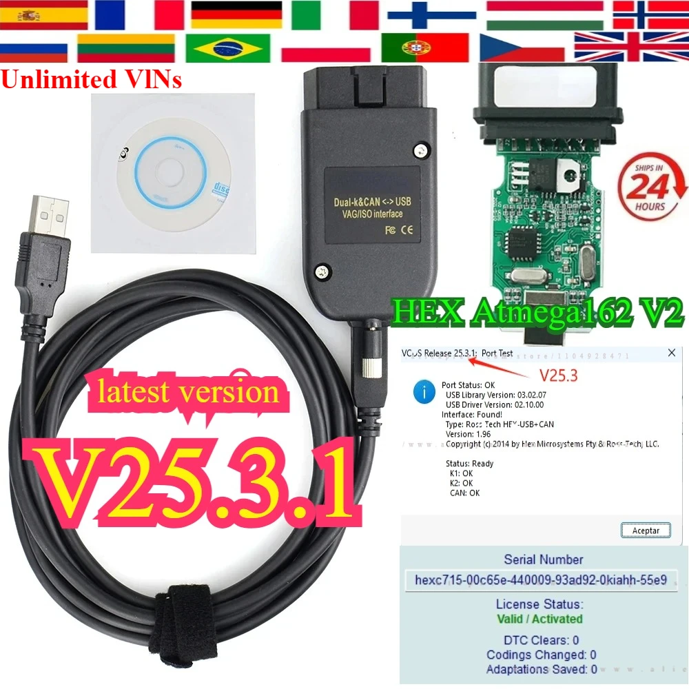 Фото Новейший диагностический кабель V25.3 ForVcsS ForVaGCOM Scanner HEX/hex V2 OBD V24.7 FOR V-w/AUDI/Skod Seat software Unlimited VlNs №1