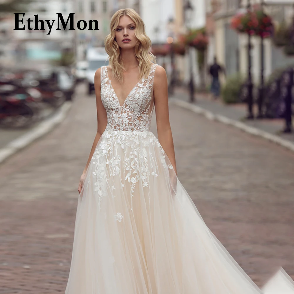 

Ethymon Sexy Modern V-Neck Tank Backless Tulle Wedding Dresses For Women Floral Print A-Line Custom Made Vestidos De Novia Pleat