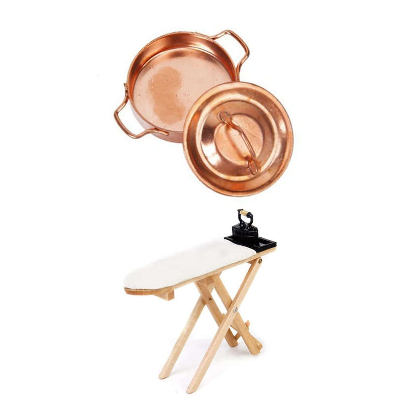

-1/12 Dollhouse Miniature Copper Pot With Lid & Cute Scale 1: 12 Dollhouse Miniature Iron With Ironing Board Set Included