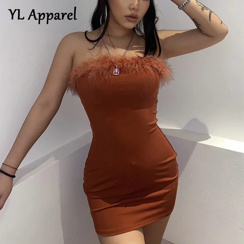 

Fashion Feather Strapless Backless Bodycon Package Hip Night Club Dresses Woman Sexy 2022 Summer Off Shoulder Mini Party Vestido