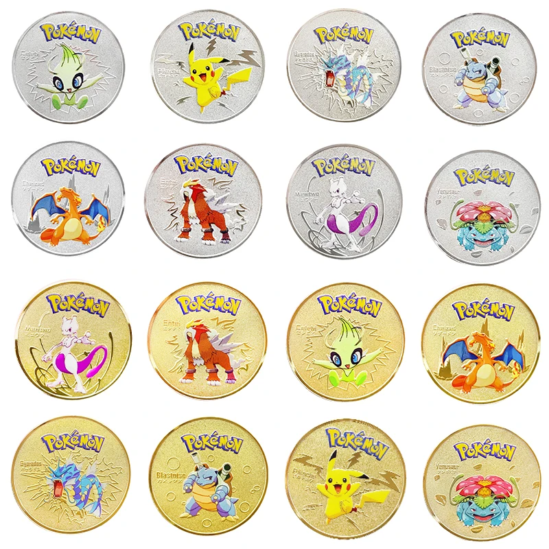 

Original Pokemon Anime Gold Coin Game Commemorative Coin Metal Pikachu silver Coin Game Collection Pokemon letter Card