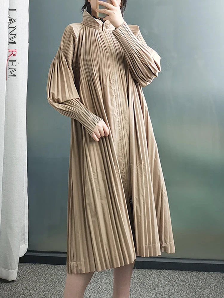 

LANMREM Солнцезащитная плиссированная пальто для женщин с воротником-стойкой, на молнии, с длинными рукавами, однотонная повседневная одежда, Новинка лета 2023, 2YA3433