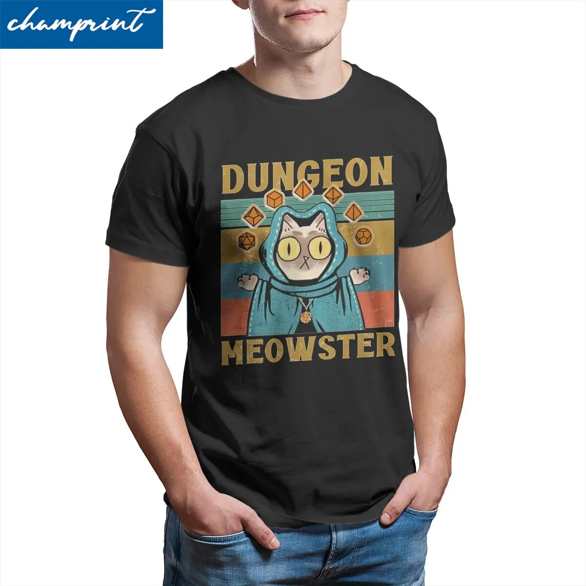 

Dungeon Meowster Nerdy Gamer Cat D20 Dice RPG Men's T Shirt Vintage Tee Shirt Round Neck T-Shirts Pure Cotton Gift Idea Clothes