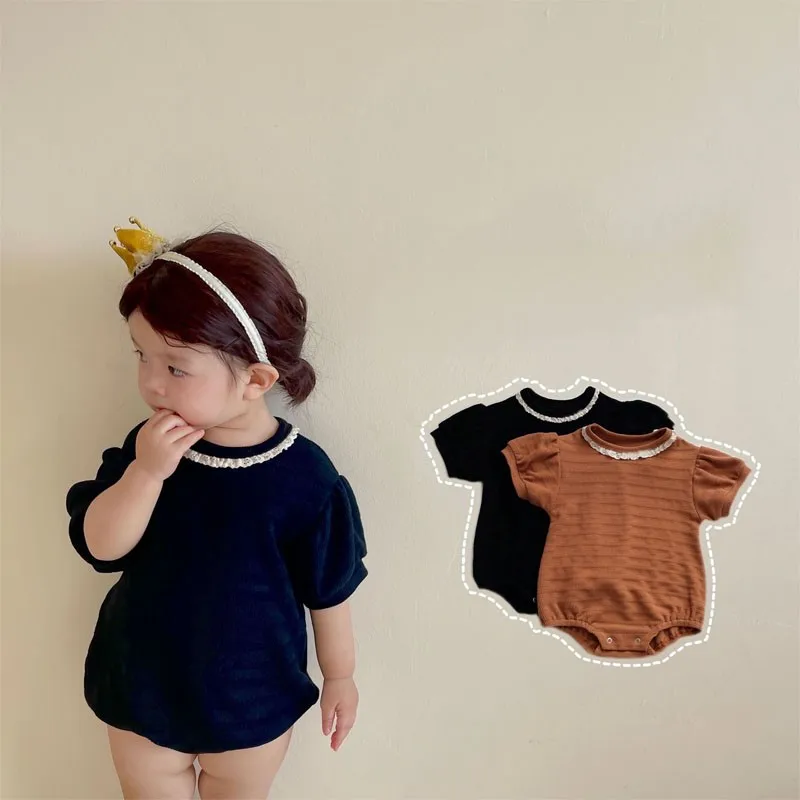 

Lace Round Neck Princess Solid Knitted Kid Girls Short Sleeves Jumpsuit Fashionable Cotton Soft Baby Bodysuit Girls Clothes