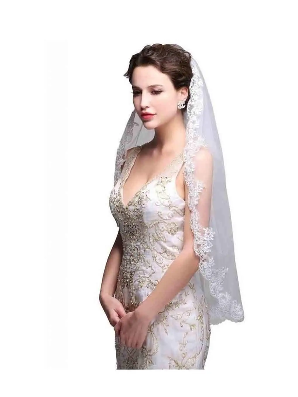 

Women's Wedding Veil 1T Fingertip Length Lace Veil for Bride Embroidered Veil With Comb Wedding Headpiece 2024