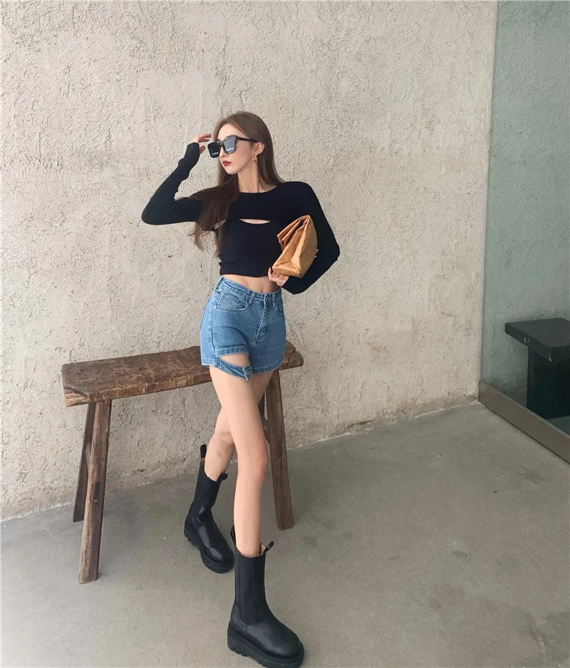 2021 Summer High Street High Waist Blue Denim Shorts Solid Short Jeans Indie Casual Streetwear Women's Sexy Elastic Black Shorts