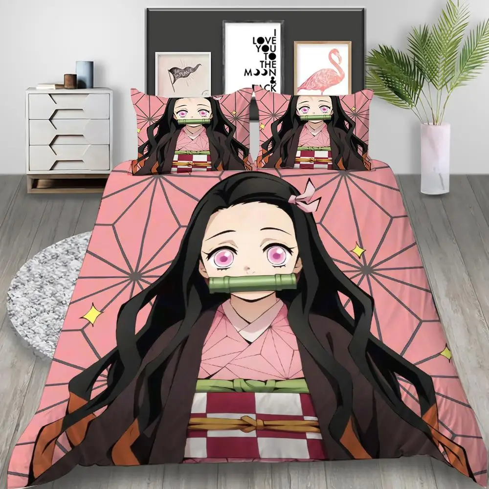 

Juego de ropa de cama de dibujos animados Demon Slayer, edredón con estampado 3D de Anime japonés, ropa de cama, sin sábanas