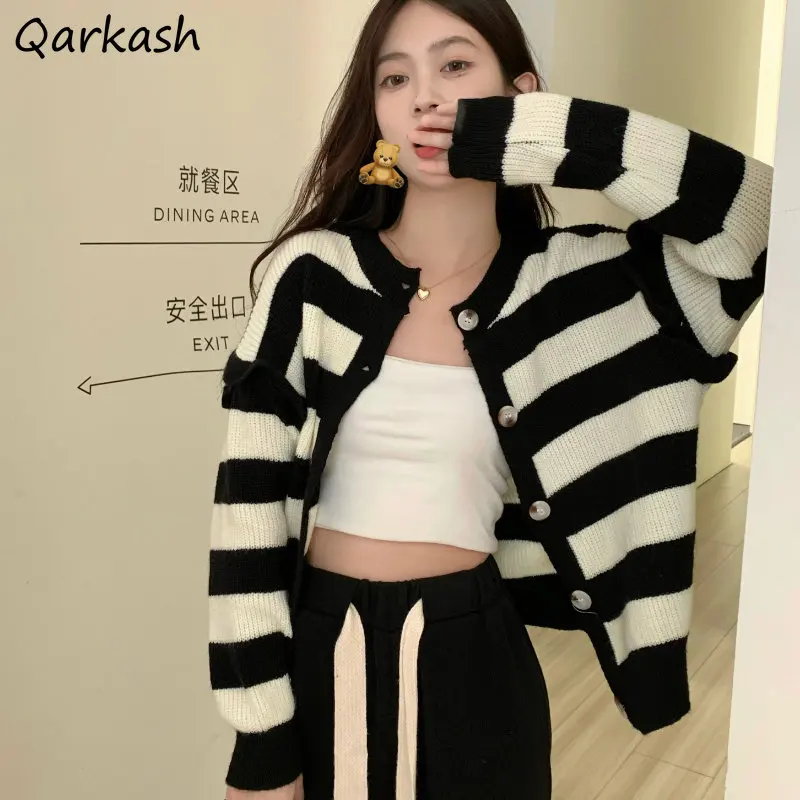 

Striped Cardigan Women Baggy O-neck Panelled Gentle Girlish Students Teens Knitted Sweaters Korean Fashion Sweet Cropped Clothes