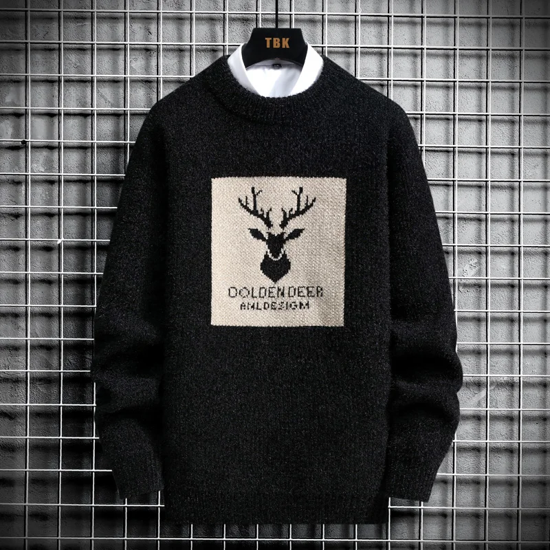 2022 spring vintage sweaters oversized mens knitted sweater men deer print pullover hip hop harajuku white sweater men free global shipping
