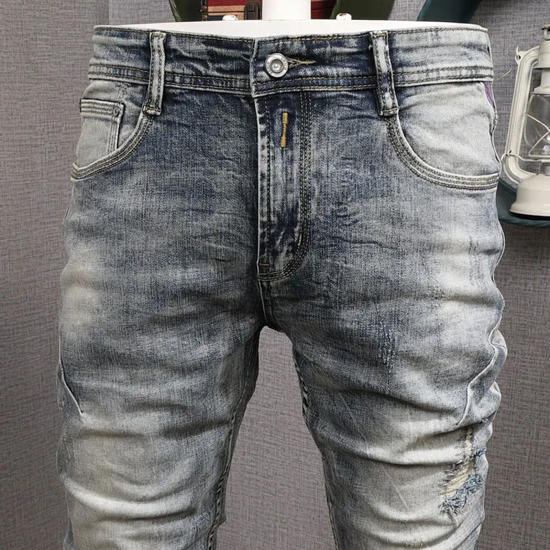 Fashion Vintage Men Jeans Retro Washed Gray Blue Elastic Slim Fit Ripped Jeans Men Trendy Patched Designer Denim Pants Hombre