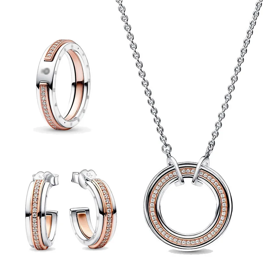 

925 Sterling Silver Pan Signature Logo & Pave Two-tone Metal Necklace, Ring and Earring Jewelry Set for Women's Anniversary Gift