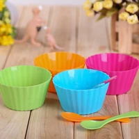 4 colors plastic salad bowl with spoon food grade pp material fruit ice cream bowls cute bright snack candy bowl
