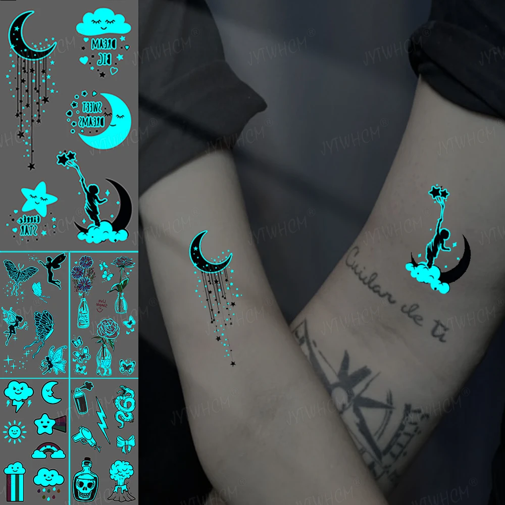 

Синяя светящаяся тату-наклейка Луна Звезда водостойкая Красивая светящаяся Временная искусственная татуировка для пары боди-арт для женщи...