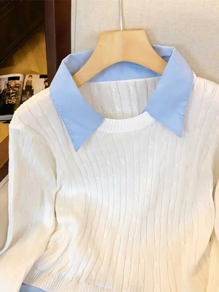 Женский серый пуловер с воротником поло свитер в стиле Харадзюку корейский