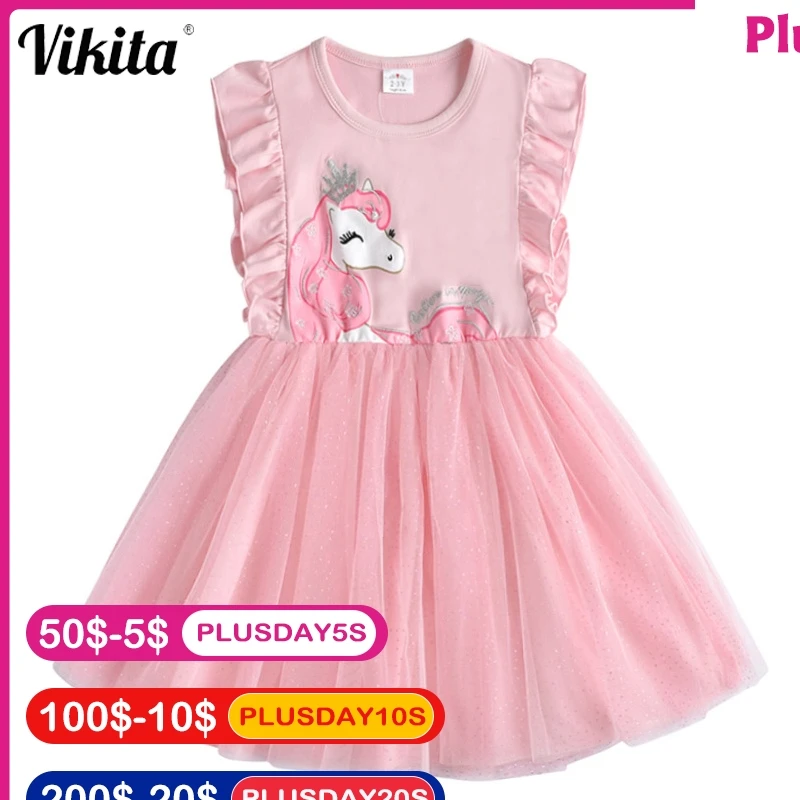 VIKITA Brand Girls Unicorn Summer Dresses Children Sequins Tutu Dress Kids Flare Sleeve Cotton Frocks Baby Girl Princess Clothes