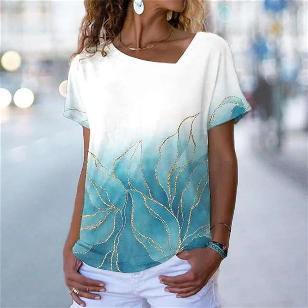 

Sexy Oblique Collar Women T shirt Gradient 3D Print Elegant Short-Sleeve Thin Light Summer Everyday Street Trend Trend Pullover