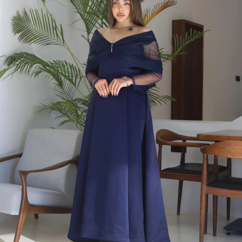 Фото Customized Blue A-line Off the Shoulder Evening Dress Tulle ILLISION Sleeves Draped Party Prom Gown Ankle Length Backless Gown №1