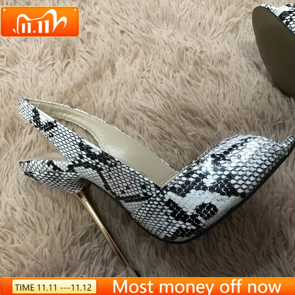 

Sexy White Snakeskin Sandals High Heel Dress Party Women Sandals Summer New Peep Toe Sling Back Stiletto Fish Mouth 11cm Heels