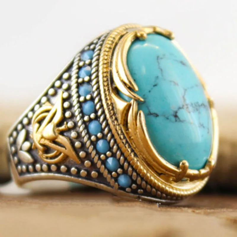 

Bohemian Large Oval Natural Stone Rings For Women Men Vintage Dual Color Blue Beads Turquoises Finger Rings Party Jewelry