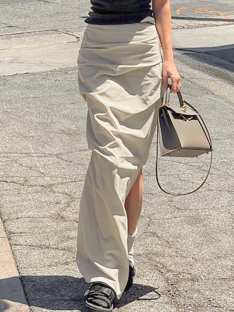 

Женская прямая юбка-макси до щиколотки, светло-серая длинная юбка с разрезом и низкой посадкой, элегантная уличная одежда y2k, 2023