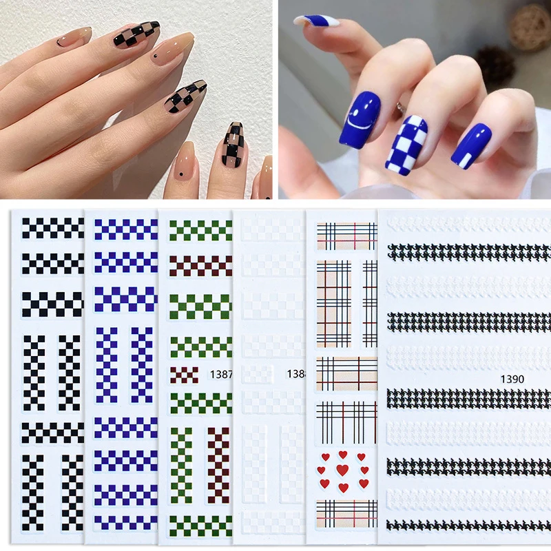 

Nail Stickers Decorations French 3d Back Glue Checkerboard Manicure Stickers Black White Blue Plaid Fashion Nail Jewelry