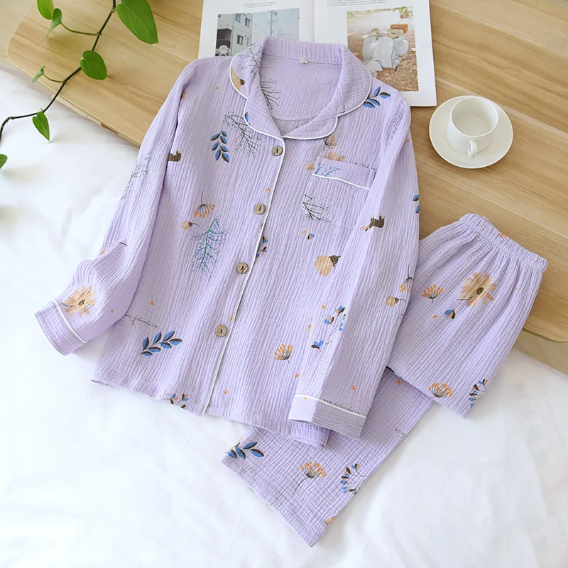 

2022 New Women Cotton Gauze Pajamas Long Sleeve Autumn Pajama Set Purple Lavender Print Sleepwear 2 Piece Casual Loose Nightwear