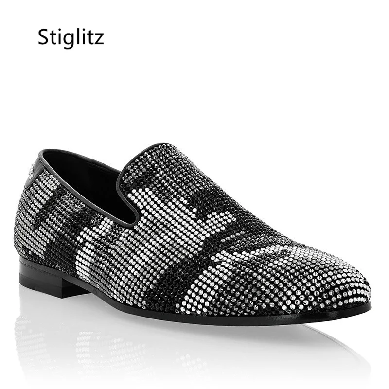 Designer Punk Rivet Shoes for Men Black Silver Gray Handmade Spike Flat Loafers Shoes Slip On Runway Party Wedding Dress Shoes