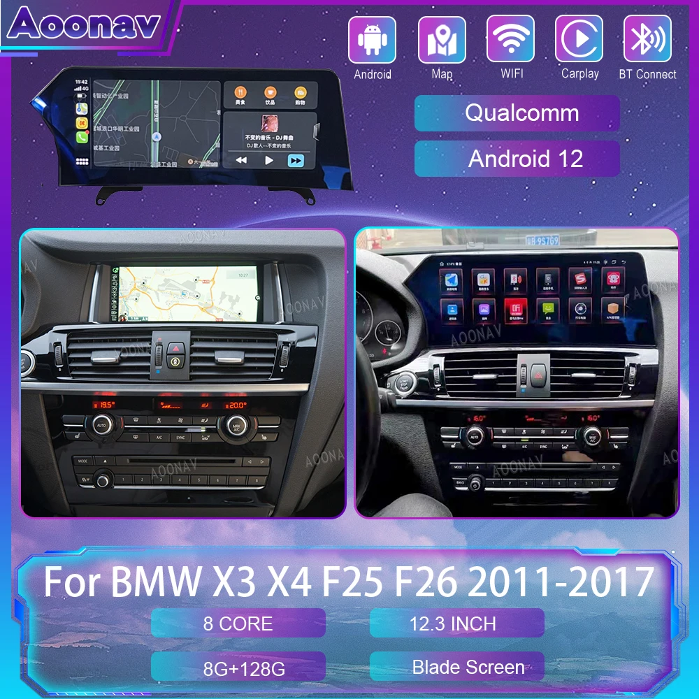 

Android 12 12.3 Inch Car Radio Blade Screen For BMW X3 X4 F25 F26 2011-2017 128G Qualcomm GPS Navi Carplay Multimedia CIC NBT