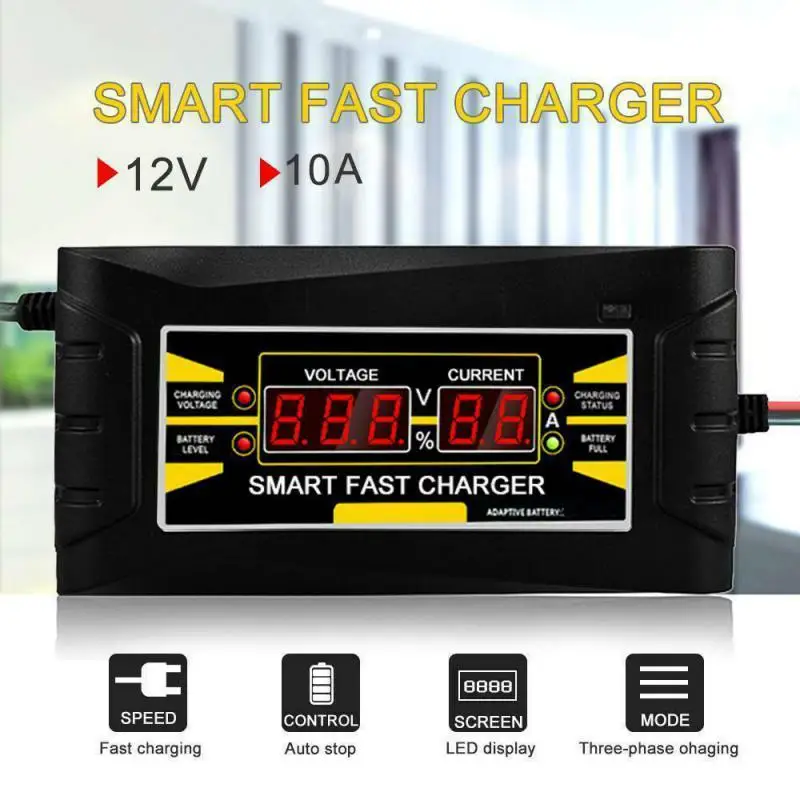 12V 10A Lead-acid Battery Charger EU Plug Smart Fast Charging LCD Display 110V-240V Power Supply Motorcycle Car Accessories