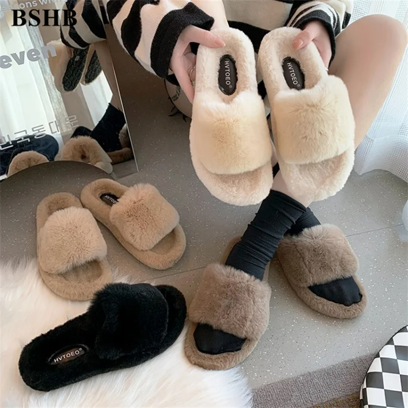 

Faux Fur Slides Home Cotton Shoes Footwear Woman 2022 Furry Slippers Indoor House Slippers Free Shipping Flats Shoes Women Fashi
