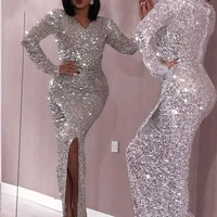 on zhu sexy mermaid prom dresses v neck long sleeves sequin evening dress woman formal party gown vestidos elegantes para mujer