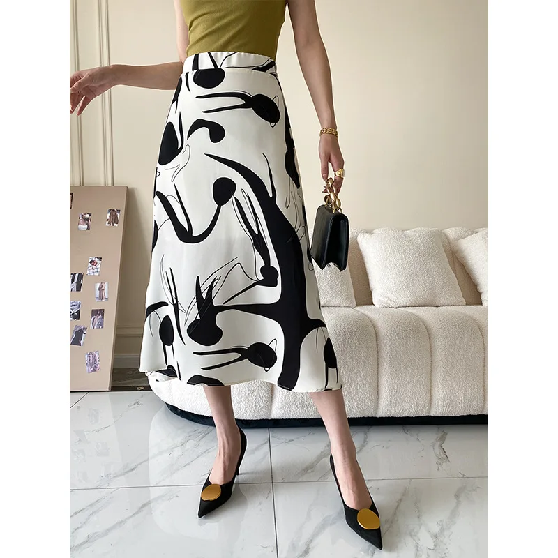 

2022 New National Style Artistic Sense A Word High Waist Skirt Summer Printing Temperament Elegant Drape Midi Skirt Women