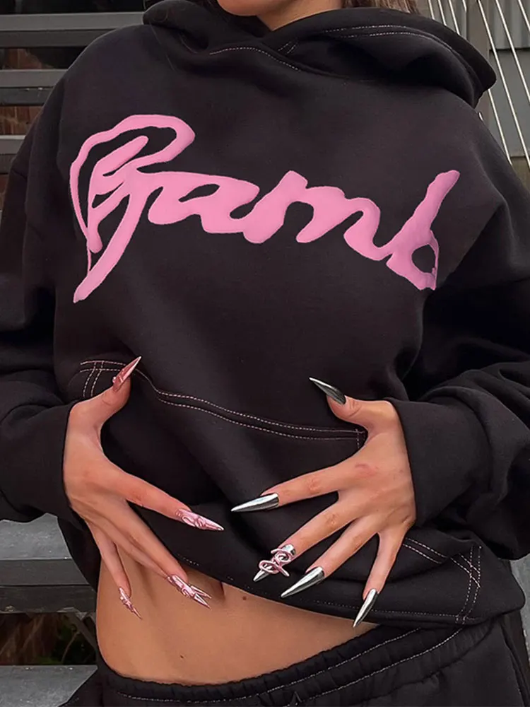 

Модный контрастный Женский свитшот с надписью, худи, повседневный винтажный толстый топ с капюшоном и длинным рукавом, осень 2023, женские шикарные топы