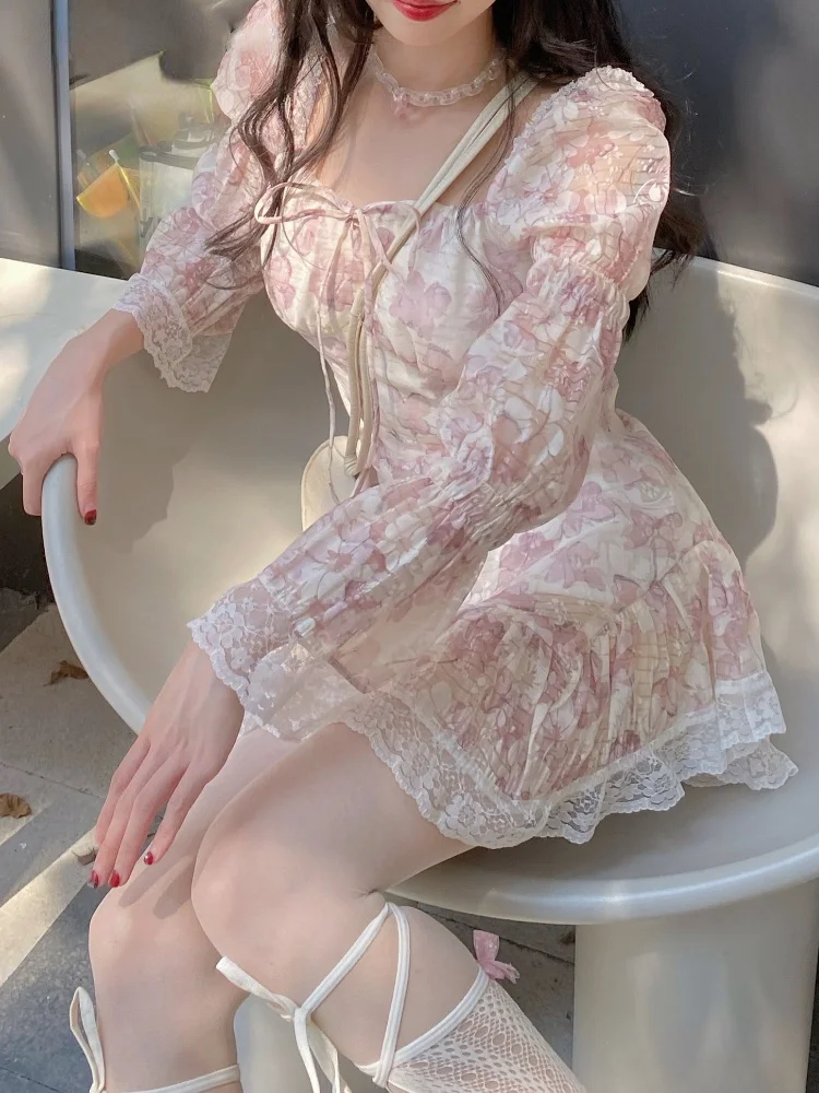 

2022 Summer Elegnat Floral One Piece Dress Korean Style Sweet Long Sleeve Short Party Dress Woman Casual Fairy Y2k Mini Dress