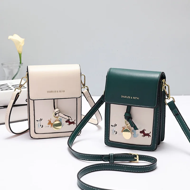 LOERSS Versatile Mini Messenger Bags for Women Cute Animals Embroidery Shoulder Bag Mobile Phone Shoulder Bag Wallet Card Cases