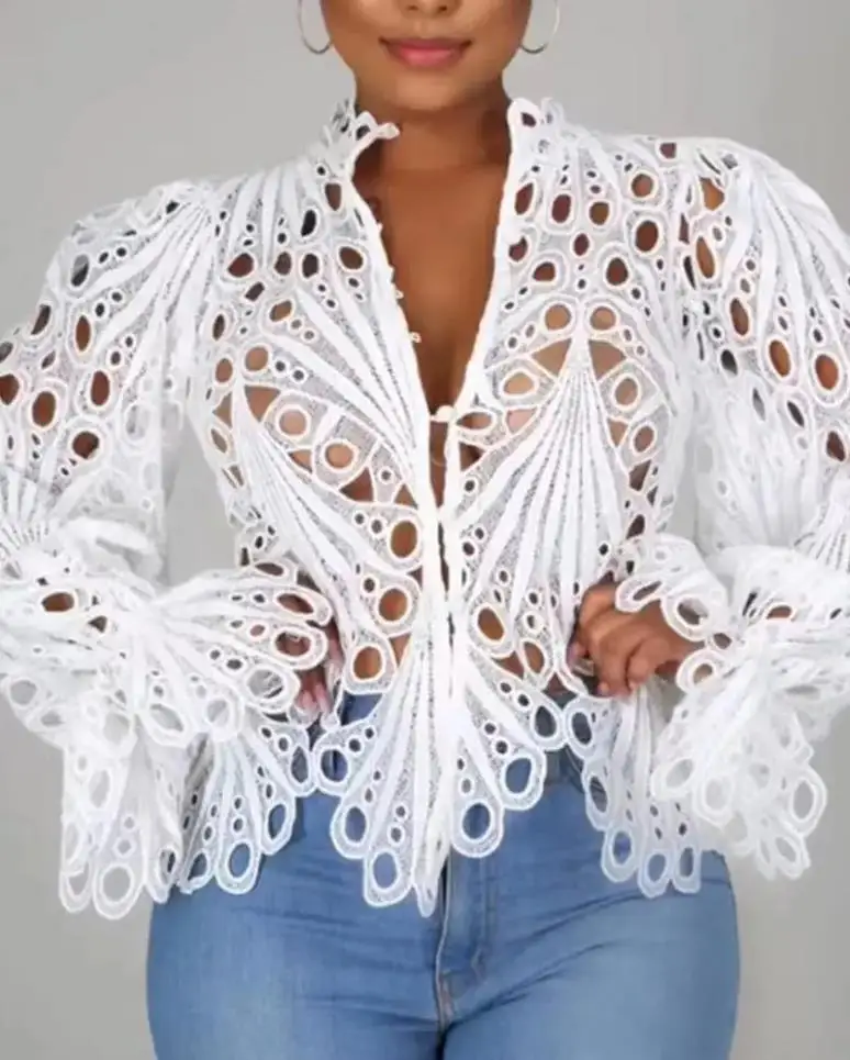 

Women's Blouse Sexy Eyelet Embroidery Button Front O-Neck Bell Sleeve Plain Long Sleeve Daily Top 2022 Summer Latest Fashion