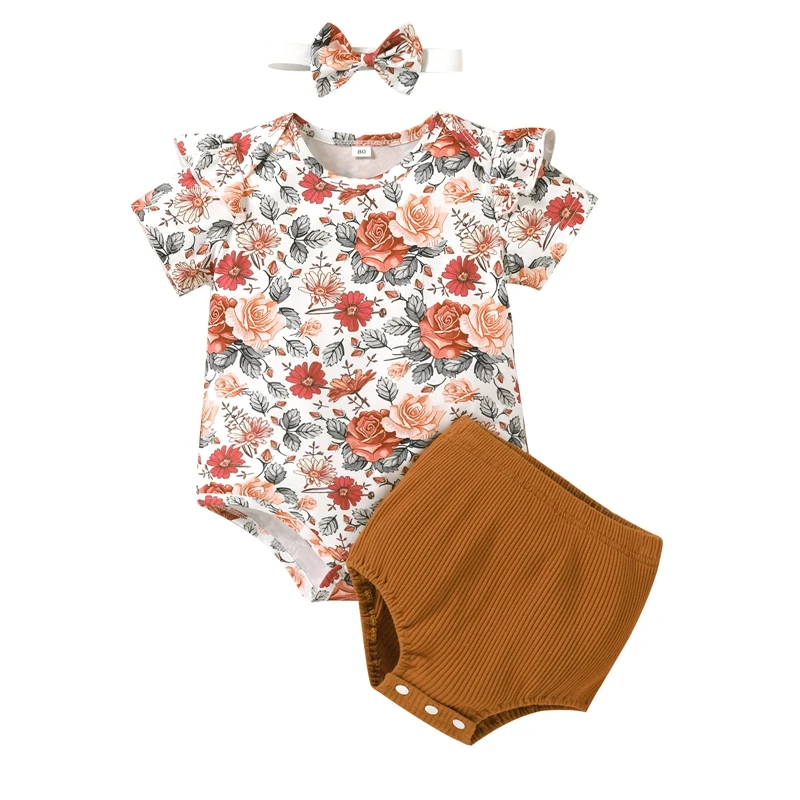 

Повседневный костюм для новорожденных девочек 0-18 месяцев, Летний комбинезон с коротким рукавом и цветочным принтом, топы + однотонные шорты...