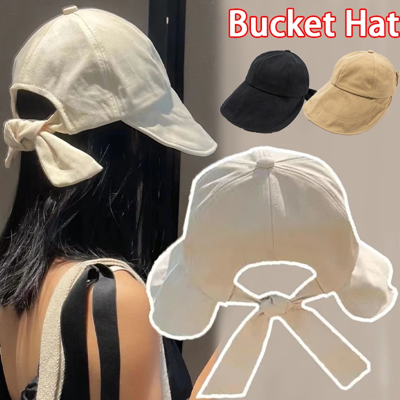 

Summer Black Fisherman Caps Women Adjustable Wide Brim Bow Ponytail Sunshade Visor Hats Foldable Outdoor Beach Panama Bucket Cap