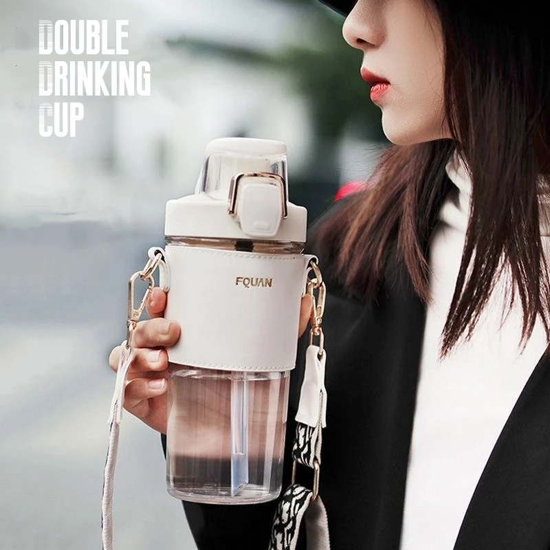

Trendy 500/650ml Double Drinking Cup Bottle Water Fitness Sports Large Capacity Water Bottle with Straw Outdoor Bicycle Travel