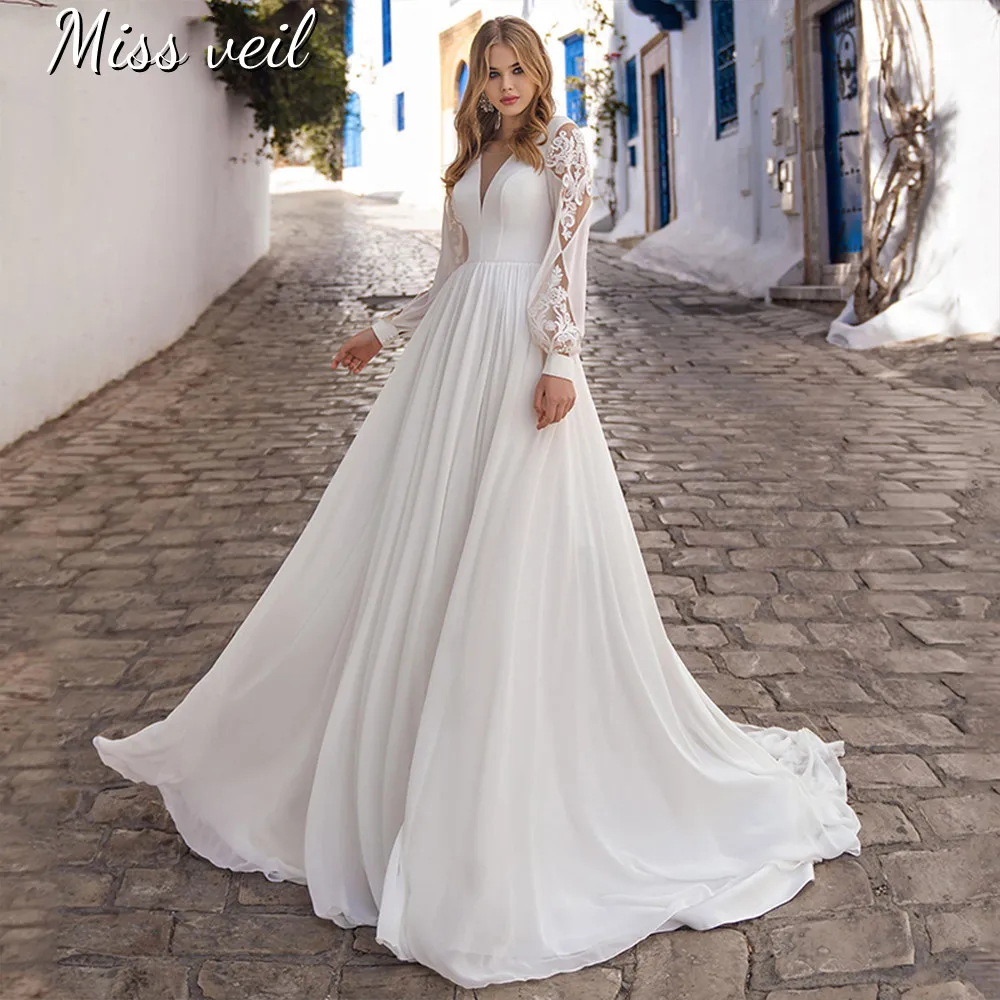 

Miss veil Lantern Sleeve Wedding Dress V-Neck Lace Up Simple A-Line Bridal Gown Backless Chiffon Sweep Train Vestido De Novia