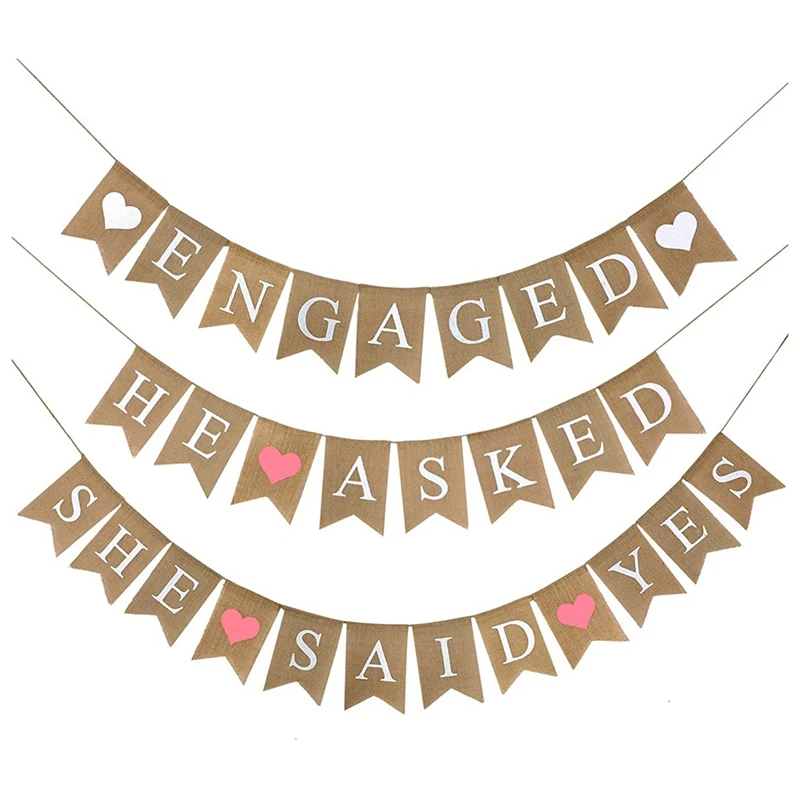 

3 Pcs Engaged Burlap Banner He Asked She Said Yes Banner Rustic Bridal Shower Bunting Garland For Wedding Engagement