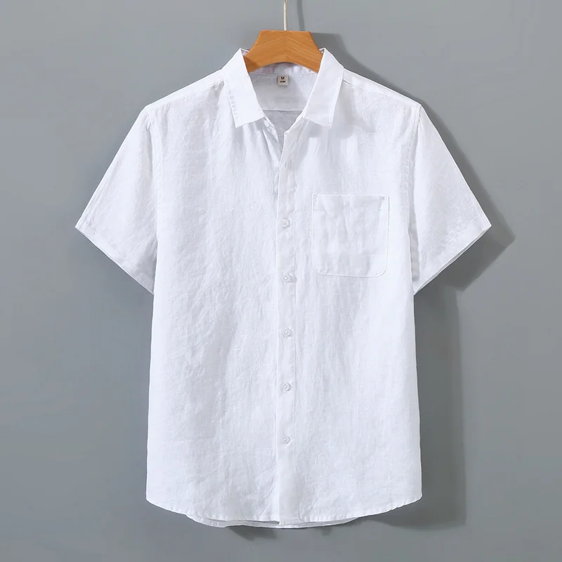 

Рубашка Мужская льняная с коротким рукавом, повседневная сорочка на пуговицах, дышащий Тонкий Топ с отложным воротником, лето 2022
