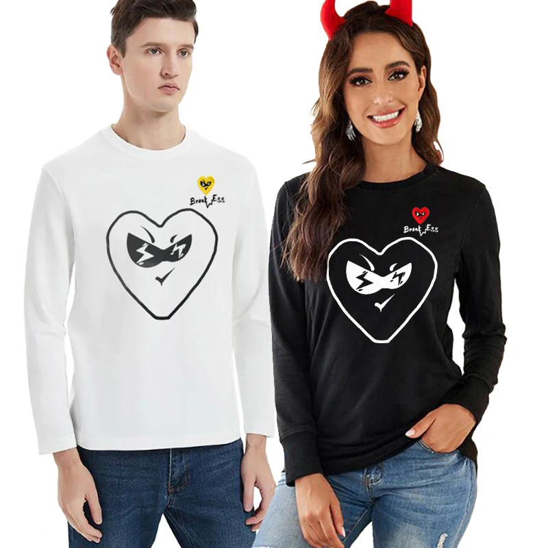 

Break Egg Men Women T-shirt Long-sleeved Cotton Heart Letter Embroidery Hollow Glasses Heart Print O-neck Straight T-shirt