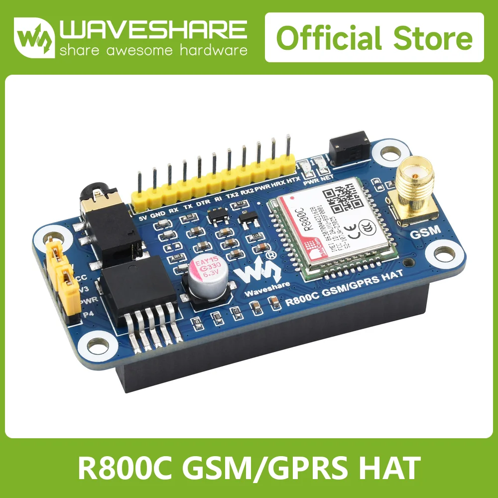 Фото Waveshare R800C GSM/GPRS HAT поддерживает SMS, телефонные звонки, GPRS, TCP/IP, DTMF, HTTP, FTP, интерфейс UART. №2