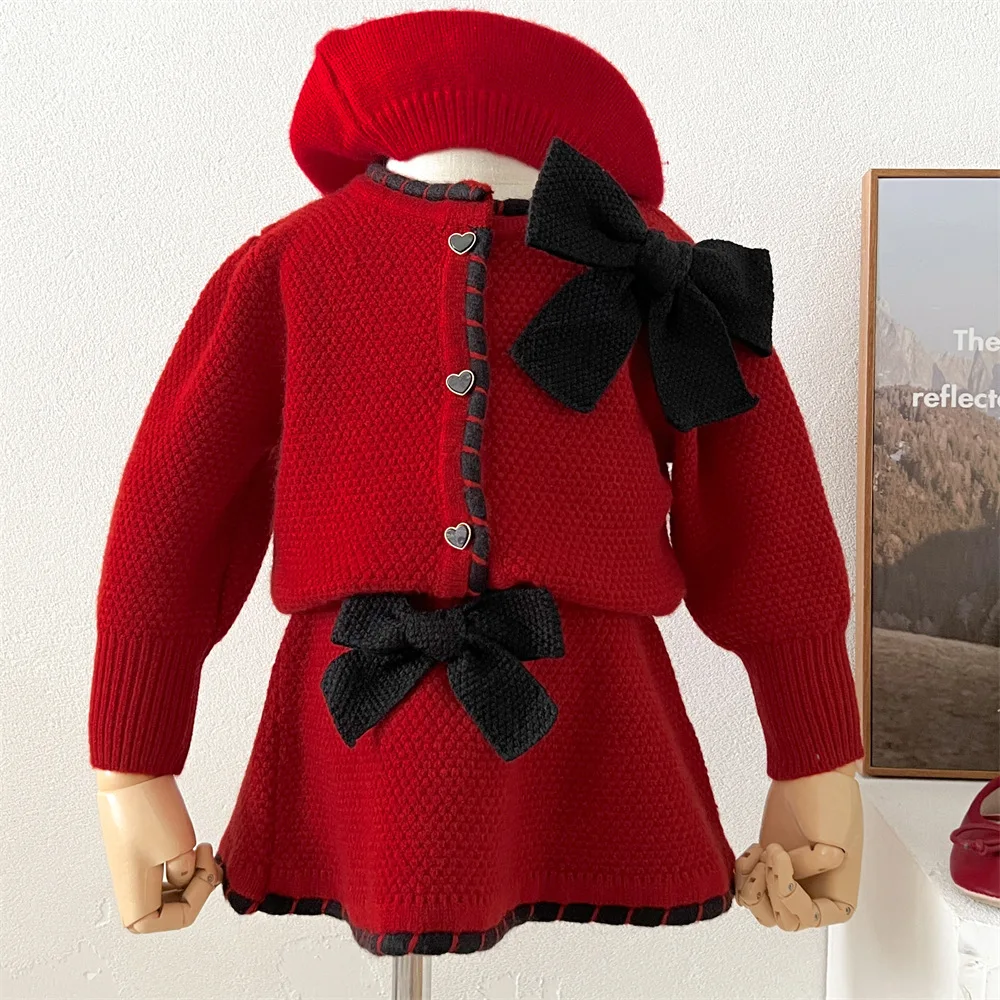 Осенне-зимний Кардиган с бантом для маленьких девочек + вязаная юбка комплект из 2